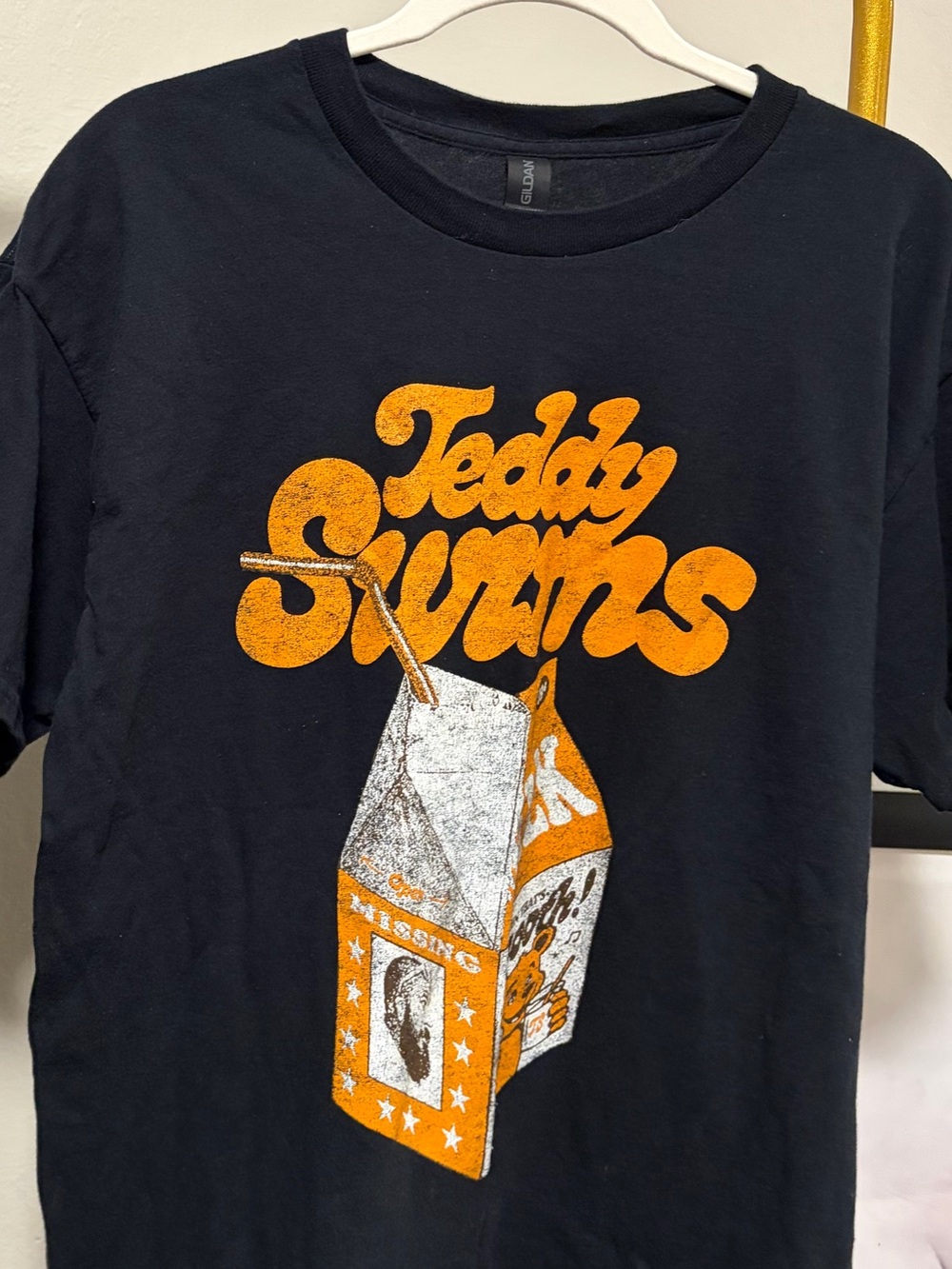 Teddy Swims Black Graphic Tee with Orange Milk Carton Print